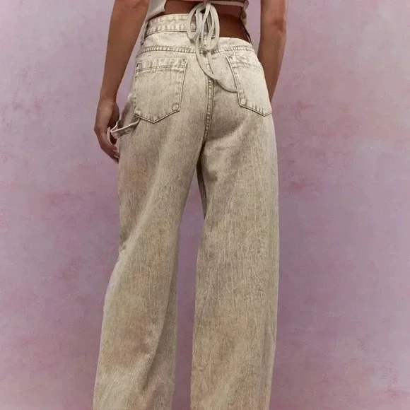 Khaki Casual Women's Washed Folded Hem Straight Leg Jeans - Picture 3 of 4